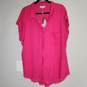 NWT Umgee Linen Blend Pink Button Short Sleeve Shirt Size XL Fringe Detail